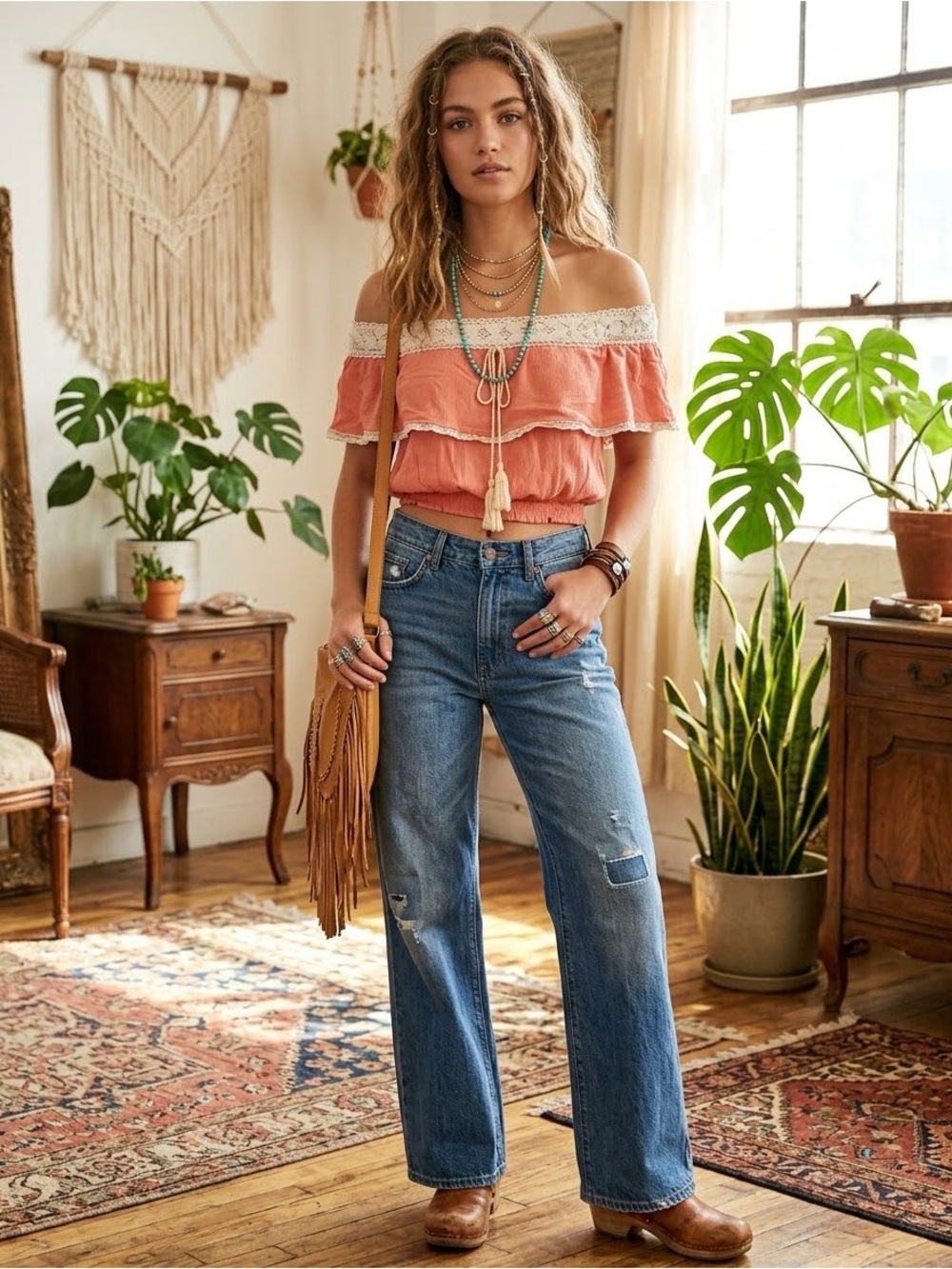 Flying Tomato Boho Off Shoulder Coral Crop Top Cream Crochet Lace Tassel L